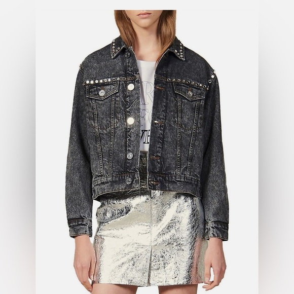Sandro Mirrored Studded Black Washed Denim Jacket Size EU34 US4 - Picture 1 of 6
